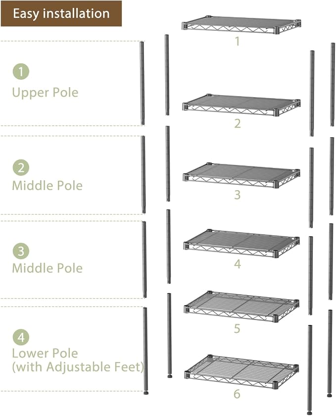 SINGAYE 6 Shelves Storage Shelf Wire Shelving Unit Metal Adjustable Wheels | Small Shelf Storage with Wheels Organizers Closet Unit for Bathroom Laundry Room Kitchen Pantry11.5D x 17.5W x 61.5H Black
