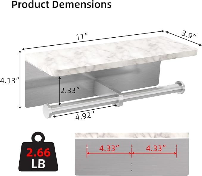 Brushed Nickel Toilet Paper Holder with Shelf, New Upgrade Double Toilet Paper Holder with Storage, Marble Roll Toilet Paper Wall Mount for Bathroom Washroom