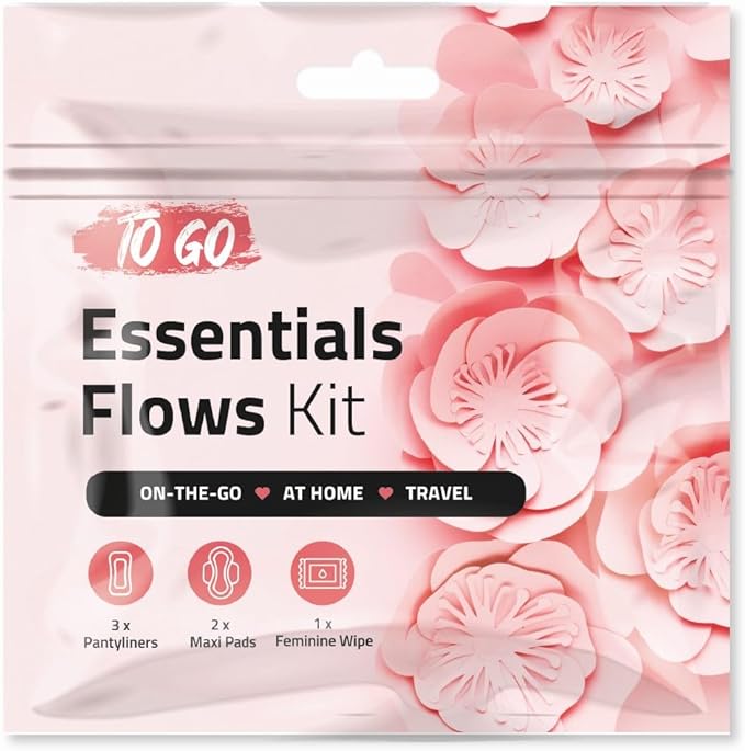 Essential Flows Period Kit - 3 Pantyliners, 2 Maxi Pads & Feminine Wipe | Hygiene Essentials for School, First Period