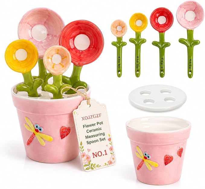 Flower Pot Ceramic Measuring Spoon Set, 5PCS Cute Spoons Cups with Base, Polygons Pink Decorative Teaspoon in Pot Holder, Unique Baking Supplies Gifts, Kitchen Cooking Stuff Gadgets Women(1*Pink)