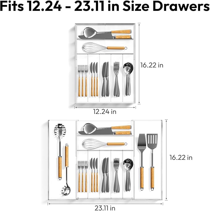 NIUBEE Expandable Kitchen Drawer Organizer for Flatware and Utensils,Clear Acrylic Adjustable Silverware Tray for Drawer,Office,Bathroom Supplies-9 Compartments