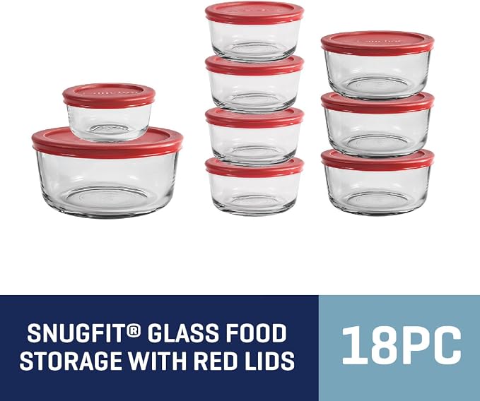 Anchor Hocking 18 Piece Glass Storage Containers with Lids (9 Glass Food Storage Containers & 9 Red SnugFit Lids)