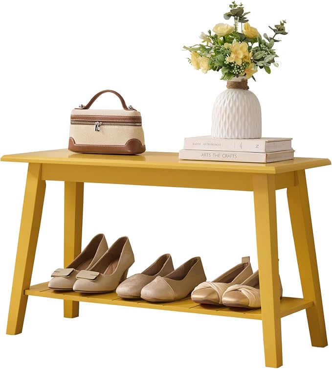 KB Designs - Contemporary Rectangle Storage Bench with Streamlined Design Polished Bottom Shelf for Books Shoes and Magazines Versatile Seating and Entryway Organization - Banana