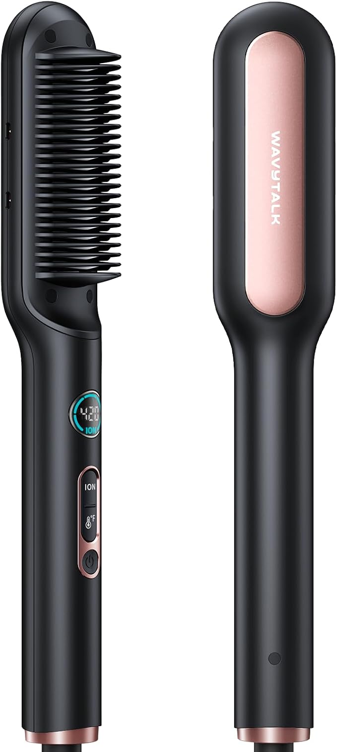 Wavytalk Hair Straightener Brush, Sleek Sweep Ionic Straightening Brush, Anti-Scald Ceramic Straightener Comb with LED Display for Super Smooth Hair, Dual Voltage, Rose Gold.