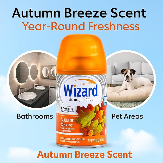 Wizard Automatic Spray Refill, Autumn Breeze – 12 Pack (5 oz Each) | Compatible with Air Wick Freshmatic & Glade | Long-Lasting Air Freshener & Odor Neutralizer for Home, Bathroom & Office