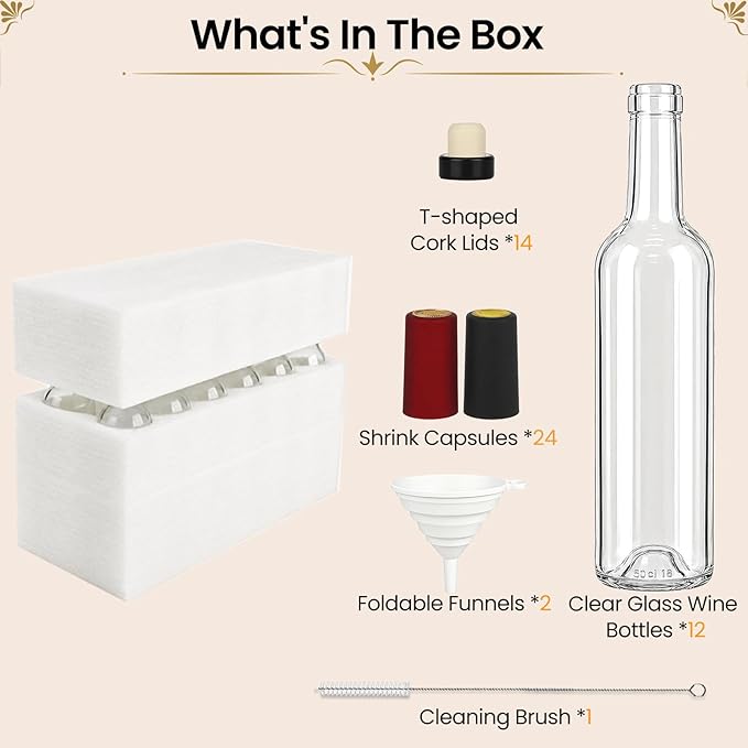 TBWIND 12 Pack 16oz Clear Glass Wine Bottles, 500ml Liquor Bottles with T-Top Corks & Shrink Capsules for Limoncello, Mead, Kombucha & Vanilla Extract, Includes Funnels & Brush