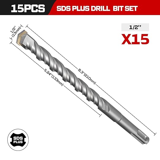 GEINXURN 15 PCS 1/2" x 8" Double Thread Rotary Hammer Drill Bits, Masonry Drill Bits Tool Set Carbide Tipped, Drilling in Brick, Stone and Concrete, Cement Walls