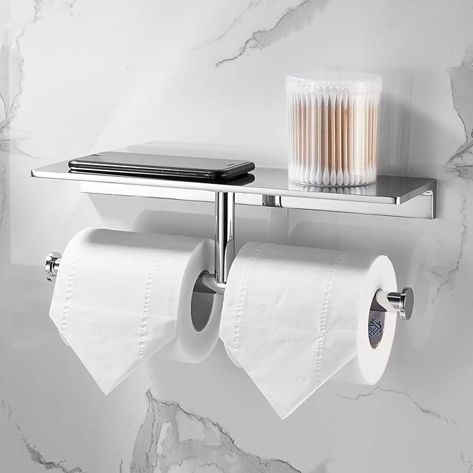 Double Toilet Roll Paper Holder Bathroom Solid Brass and Superior Hotel Style Wall Mount Tissue Roll Holder with Storage Shelf Bright Chrome Finished