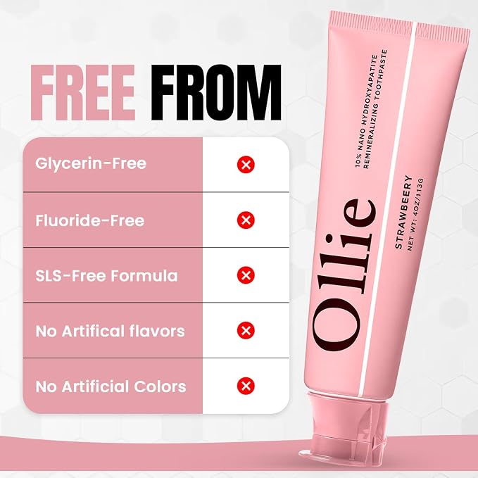 Ollie Fluoride Free 10% Nano Hydroxyapatite Toothpaste, Strawberry, 4oz | Rod-Shaped Nano HAP, Remineralizes Enamel, Reduces Sensitivity, Reverses Small Cavities, Naturally Whitens Teeth, (Pack of 2)