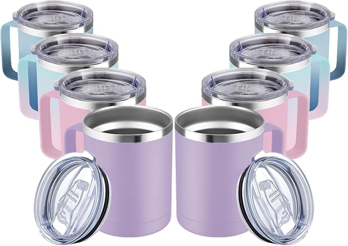 MEWAY 12oz Coffee Mug With Handle 2 Pack Bulk,Stainless Steel Insulated Travel Tumblers With Sliding Lid,Double Wall Vacuum Camping Cup for Hot & Cold Drinks Tea (Bubble Gum&Blue Waves,Set of 8)