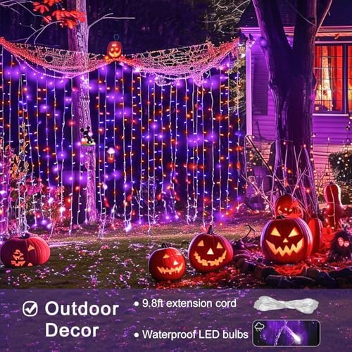 JMEXSUSS 300LED Halloween Curtain Lights, Orange and Purple, 9.8x9.8ft