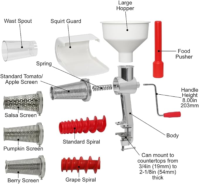 Johnny Apple Sauce Maker, Tomato Sauce, Salsa, Pumpkin Puree, Berry Sauce, Remove Skins & Seeds From Produce, Model 250 Clamp Based Food Strainer (Strainer + Accessories)