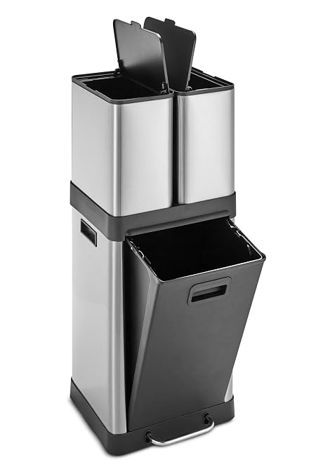 HOLDN’ STORAGE 32L Triple-Compartment Trash & Recycling Bin for Kitchen, 2 Removable Hook-On Bins, Multi-Access Opening, Odor Control, Stainless Steel, 3 Trash Bag Rolls Included
