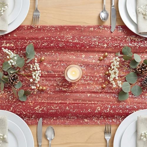 Artoid Mode Red Gold Gauze Table Runner 59x120 Inch 10FT, Glitter Metallic Foil Sheer Dining Wedding Anniversary Holiday Table Decor for Home Party