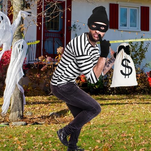QZYL 12 PCS Robber Costume, Unisex Thief Cosplay Set T-Shirt Beanie Cap Gloves Eye Masks Money Bags for Halloween Costume