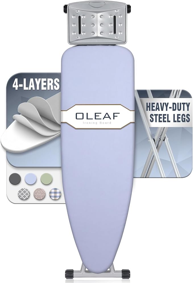 oleaf Ironing Board with Cover and Thicken Pad Height Adjustable Full Size Foldable Iron Board with Iron Rest, Stable Steel Legs, Metal Construction, Heat Resistant, Sky Blue