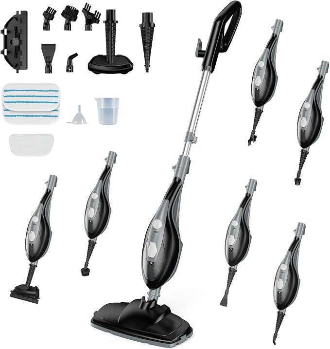 OLIXIS 10-in-1 Steam Mop, 1550W Detachable Handheld Steam Cleaner for Floor Cleaning, 16FT Cord, 2 Washable Pads, Multi-Purpose Floor Steamer for Hardwood, Carpet, Tile, Grout, Windows, Black Grey