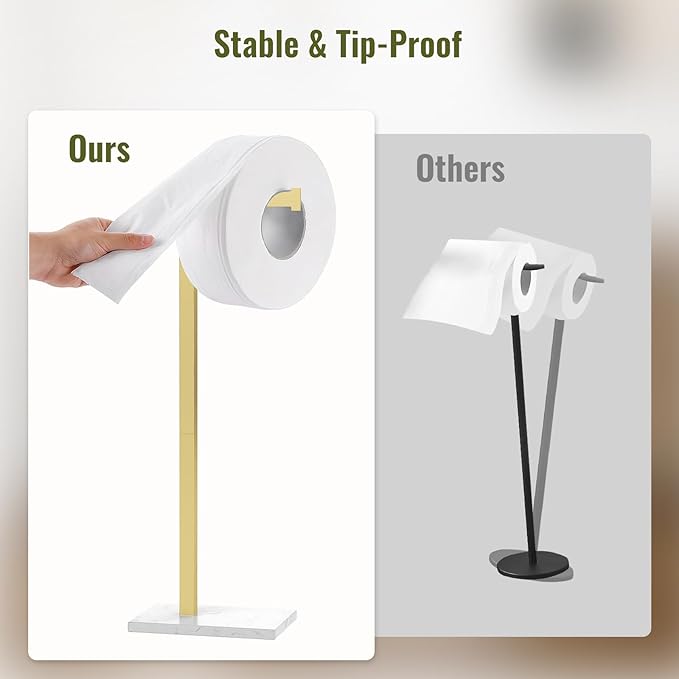 Gold Toilet Paper Holder Stand Marble Base SUS 304 Stainless Steel Freestanding Tissue Roll Holder for Bathroom Rustproof Storage for 4 Rolls Brushed Gold by Homevacious