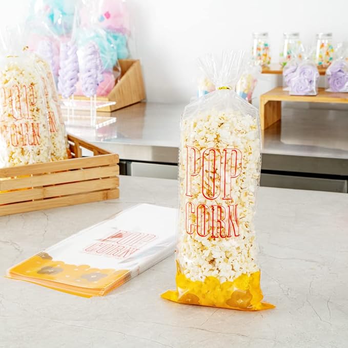 Restaurantware-Bag Tek 17 x 7 Inch Popcorn Bags, 100 Greaseproof Popcorn Favor - Hot & Cold Friendly, Freezable, Clear PE Plastic Carnival, For Event Favors Or Goodie Bags