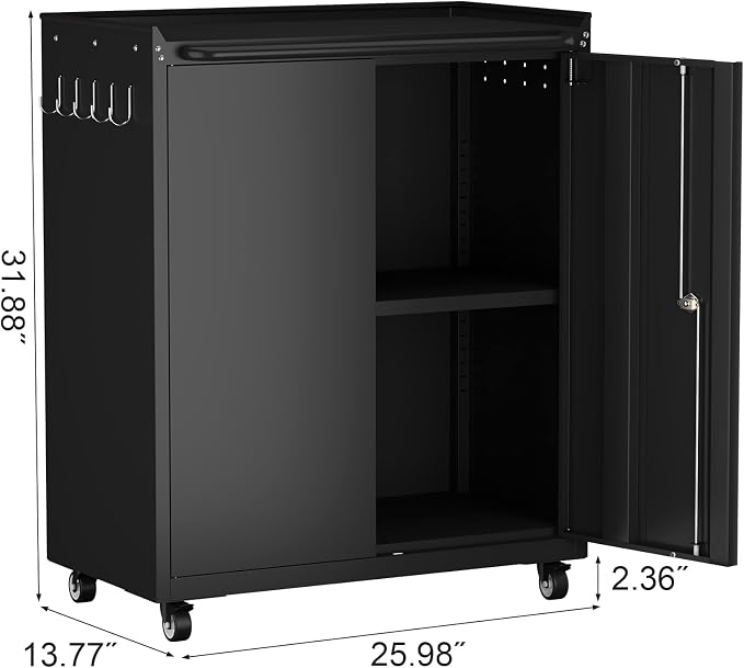 GREATMEET Garage Storage Cabinet with Wheels, Lockable Metal Storage Cabinet, Rolling Tool Cabinet with Adjustable Shelf, Push Handle for Shop, Home, Office, Black