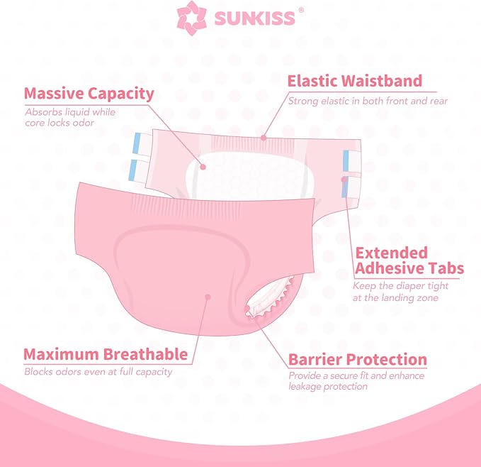 SUNKISS Masterpiece Adult Diapers with Tabs, Unisex Disposable Incontinence Briefs for Women and Men, Odor Control, Pink, Large/XLarge, Previously Large,10 Count (Pack of 2)