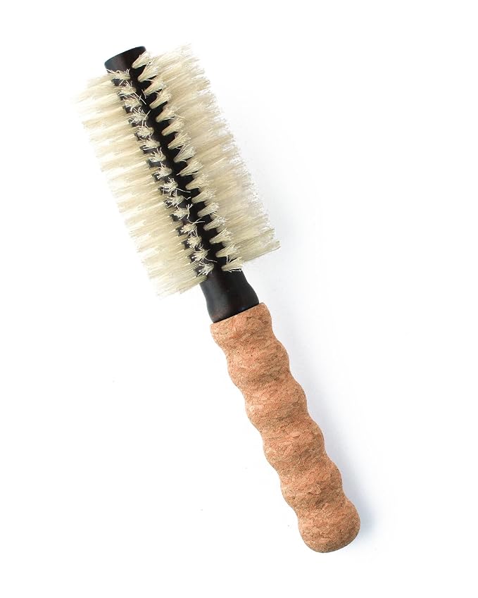 Nylon Boar Bristle Hair Brush, Round Brush for Blow Drying, Small 2" Barrel Blowout Brush, Anti Static Hairbrush, Cork Comfort Grip Handle, Detangling Plastic/Natural Bristle Hair Styling Tool