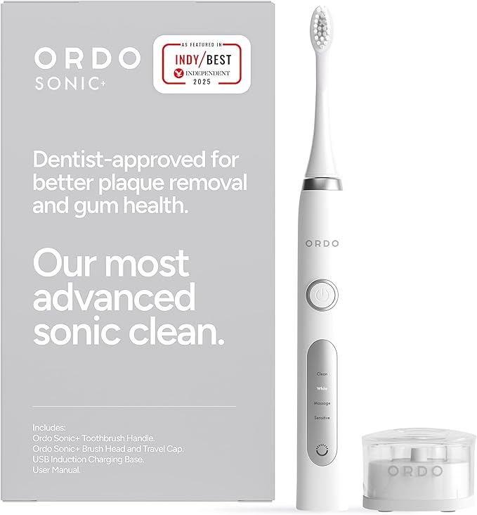 ORDO Sonic+ Electric Toothbrush for Adults, Advanced Tech, 4 Brushing Modes, Fast Rechargeable, Sonic Toothbrushes Over 4 Weeks Battery Life, Silicone Polishing Element, USB Charger, White Silver