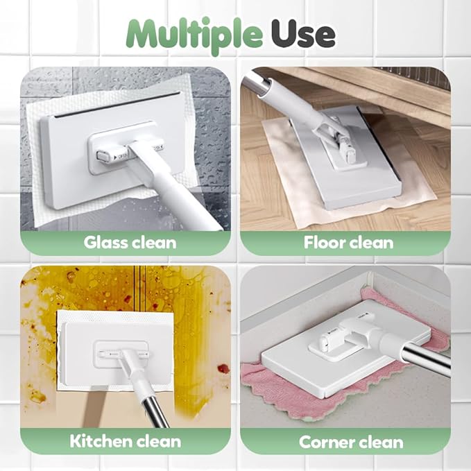Hands Free Multi Purpose Flat Mop, 43'' Disposable Dust Mop with 10 Reusable Cloths, Multi Surface Cleaning Flat Dust Mop for Kitchen Wall Bathroom Toilet Corners (Mop+4cloths)