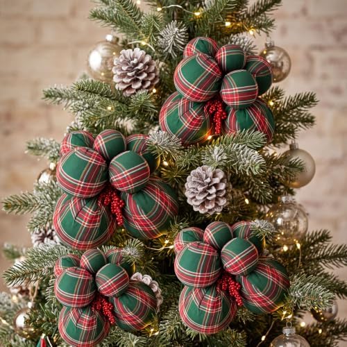 4 Set Large Green Buffalo Plaid Christmas Ball Cluster Fabric Ball Ornament