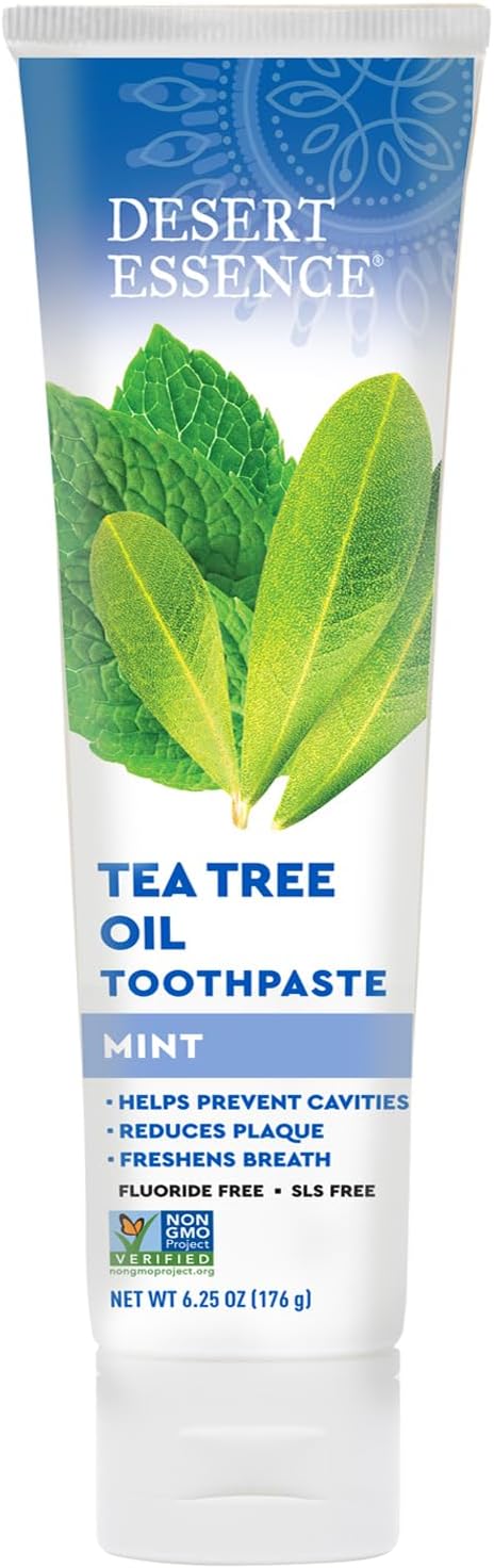 Desert Essence Tea Tree Oil Mint Toothpaste, Fluoride Free, 6.25 oz | Baking soda and sea salt help clean teeth and reduce surface buildup; SLS-free formula freshens breath