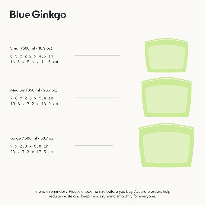 Blue Ginkgo Reusable Silicone Storage Bags – 3-Pack | Korean-Made Stand Up Food, Freezer Bags - Olive Green