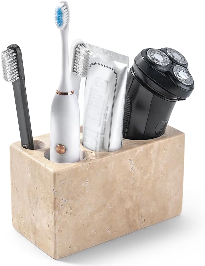 BCS Travertine Toothbrush Holder for Bathrooms, 6 Slots Open-Bottom Marble Toothbrush Organizer, Makeup Brush Stand Toothbrush Storage Collection for Bathroom Countertop Vanity Organization - Beige