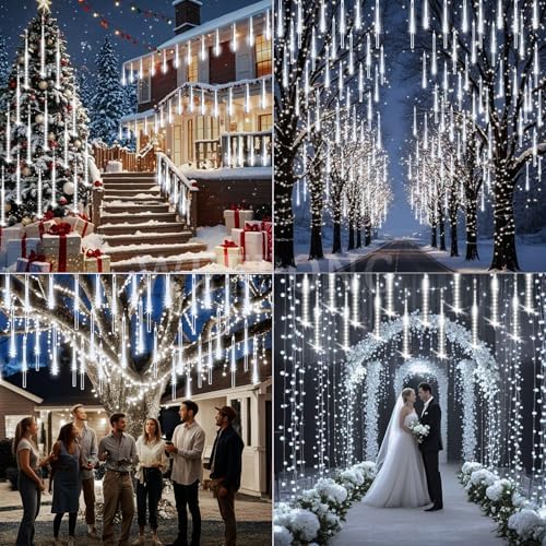 Weepong Christmas Lights Outdoor UL Certified Meteor Shower Lights 12 Inch 8 Tubes 192 LED Falling Rain Drop Icicle Snow Cascading Light for Xmas Tree Wedding Party Garden Decoration, White