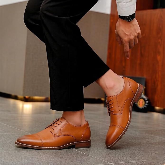 Mens Classic Cap Toe Dress Shoes Oxford for Office | Polished PU Outer Shell,Ventilated Comfortable Latex Insole. Formal Footwear Suited for Office Engagements ,Outings,Weddings