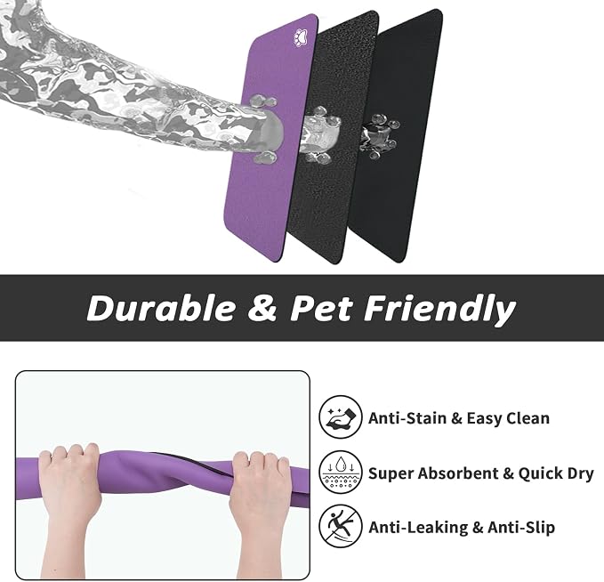 HotLive Dog Food Mat - Absorbent Cat Mat for Food and Water, No Stains Pet Feeding Bowl Mat, Easy to Clean Pet Placemats, Quick Dry Dog Water Dispenser Mat for Messy Drinkers | Paw Purple 12"x 19"