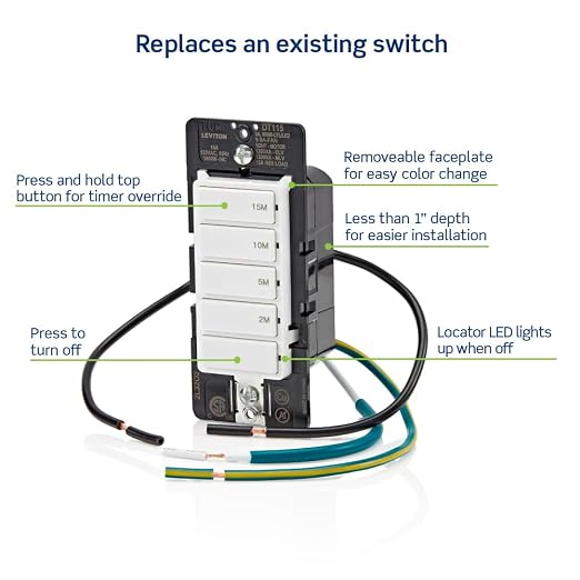 Leviton Countdown Timer Switch for bathroom fan and household lights, 2-5-10-15 min, No Neutral Required, Single Pole, 15A, 1/2 HP/9.8A Fan/Motor, DT115-1LW, White