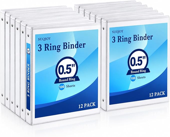 Durable 1/2 Inch 3-Ring Binder, 0.5-inch Round Ring Binder with 2 Inside Pockets, 12 Pack White Binders, Clear View CoverBinder Holds 8.5'' x 11''Paper for Office/Home/Back to School