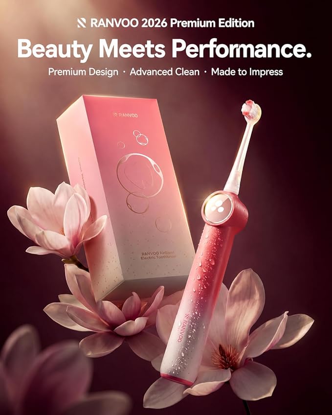 RANVOO AirJet X5 [Gift-Ready Pink Edition | Next-Gen Jet-Flow] Electric Toothbrush, 100% Plaque Removal, Whitening & Gum Care, 60-Day Battery Life, Rechargeable with 3 Pro Brush Heads, Cyclamen Pink