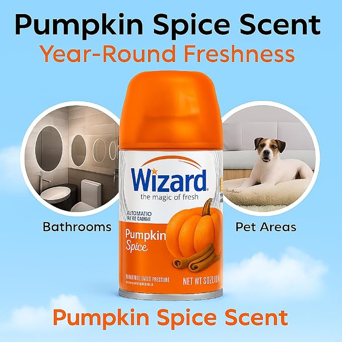 Wizard Automatic Spray Refill – Pumpkin Spice, 5 oz (12 Pack) | Compatible with Air Wick Freshmatic & Glade Dispensers | Long Lasting Odor Neutralizer for Home & Office