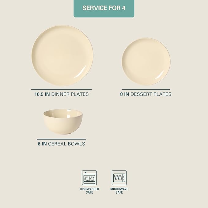 Gibson Home Rockaway 12 Piece Plates and Bowls Matte Glaze Service for 4 Dinnerware Set - Warm Cream - Dishwasher and Microwave Safe