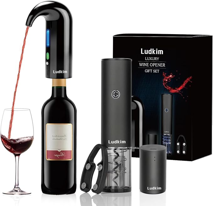 Rechageable Electric Wine Opener Gift Set, Auto Wine Aerator Dispenser, Wine Corkscrew Kit, Automatic Wine Saver Vaccum Pump, Foil Cutter, 4-in-1 Cordless rechargeable Bottle Opener Gift Box