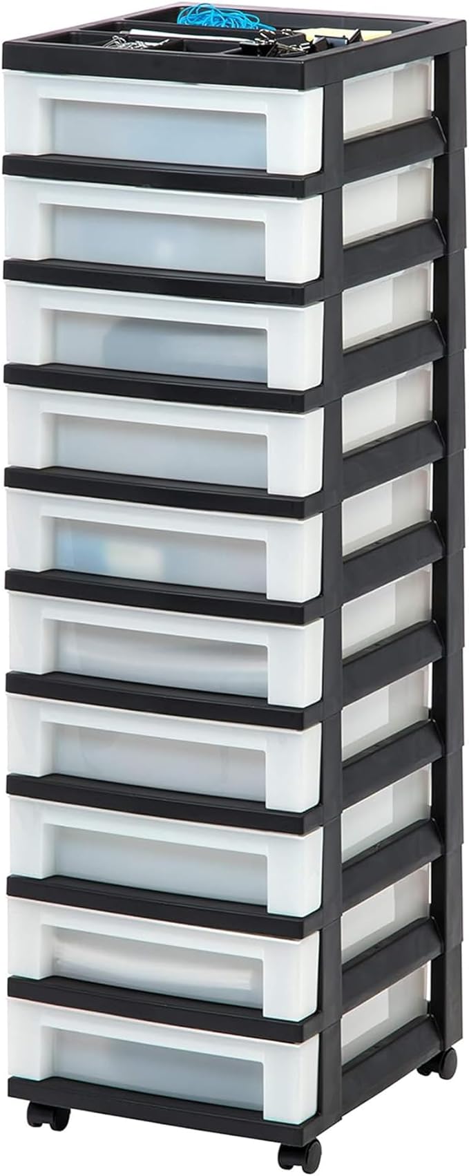 IRIS USA Plastic Drawer Storage Organizer Rolling Cart, 2-Pack, with Wheels Casters, 10-Drawers, for Classroom Art Craft Supplies Dresser Closet Bathroom Laundry Room, Black/Pearl
