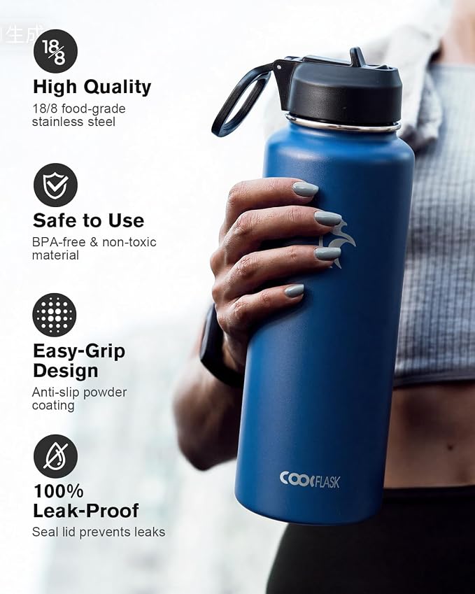 Coolflask Water Bottle 40 oz Insulated with Straw, Stainless Steel Metal 3 Lids Water Flask for Sports or Office, Keep Cold 48H Hot 24H, King's Blue
