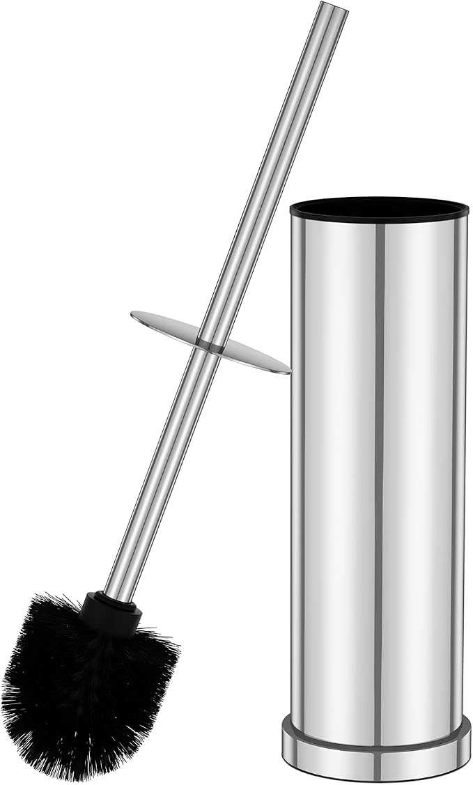 Silver Toilet Brush and Holder Set，Stainless Steel Heavy Duty Toilet Bowl Brush，Extra Long Handled Modern Toilet Cleaner Brush with Replaceable Head, Removable Inner Bowl, and Splash Protection