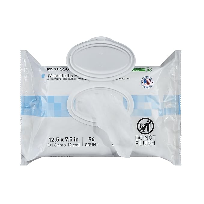 McKesson Washcloth Wipes, Unscented - Disposable Wet Wipes for Adults - Fragrance-Free, Alcohol-Free - No-Rinse Formula - Snap Lid Soft Pack, 96 Count, 3 Packs, 288 Total