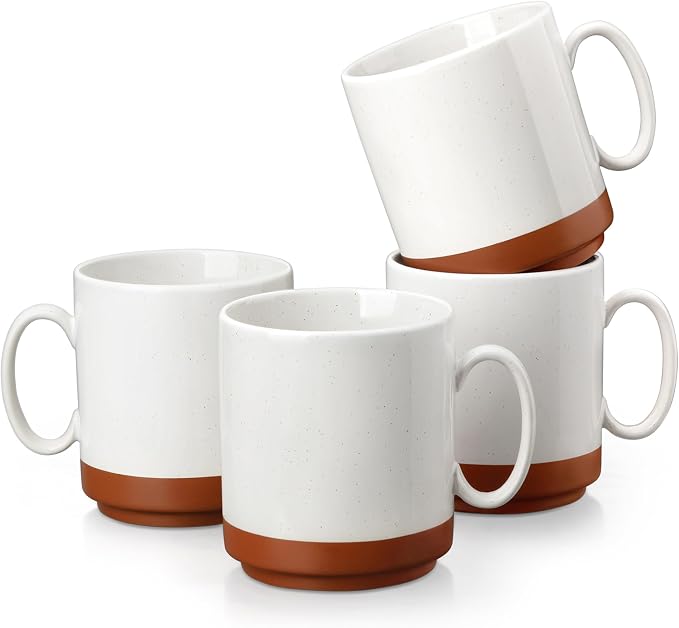 MALACASA 12oz Ceramic Coffee Mugs Set of 4, Stackable Coffee Cups with Straight-Sided Design, Mugs for Coffee, Latte, Tea, Hot Chocolate, Cappuccino and Cocoa, Microwave & Dishwasher Safe, Khaki White