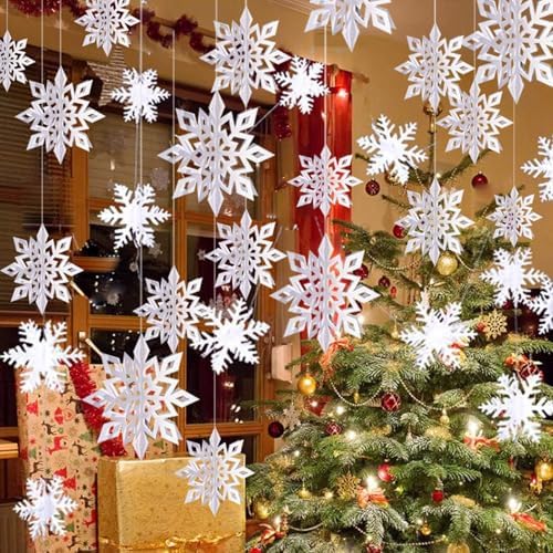 Snowflake Decorations, Paper Christmas Hanging Decor Indoor, White, 24-Pc