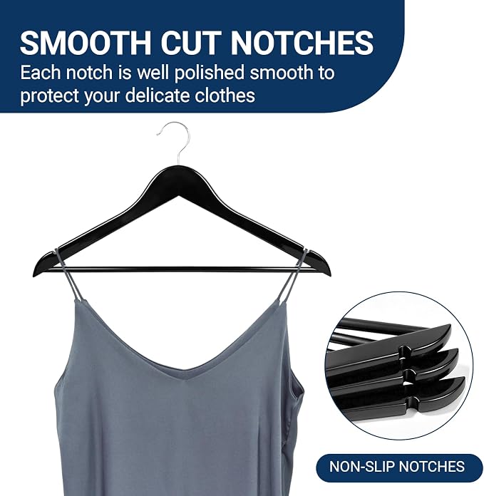 Amber Home 30 Pack Wooden Coat Hangers, Black Wood Suit Hangers with Non-Slip Pant Bar, Clothes Hangers for Closet Organization, Shirts, Jackets, Dresses, and Pants (Black, 30)