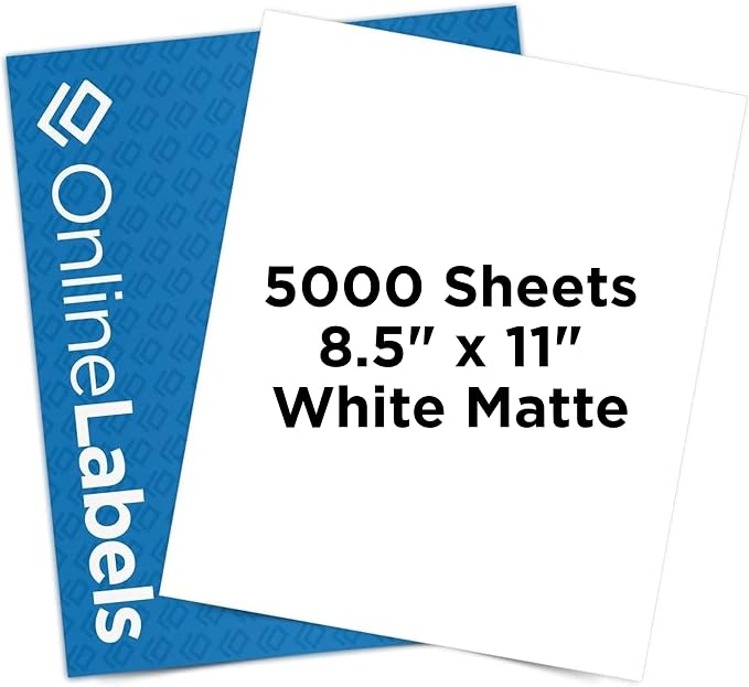 Sticker Paper, 5,000 Sheets, White Matte, 8.5" x 11" Full Sheet Label, Works with Inkjet and Laser Printer, Compatible with Electronic Cutting Machines, OL177WX, OnlineLabels