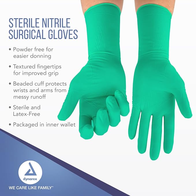 Dynarex Sterile Nitrile Surgical Gloves, Powder Free, Size 7.5, 50 Pairs of Gloves, White, 7.5